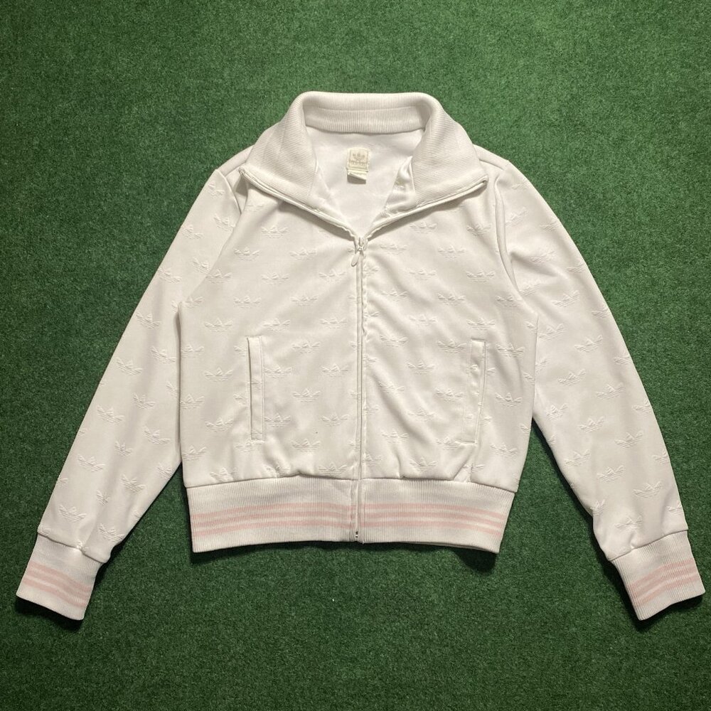 Adidas Women’s All-Over Raised-Print Trefoil Track Jacket Medium White/Pink